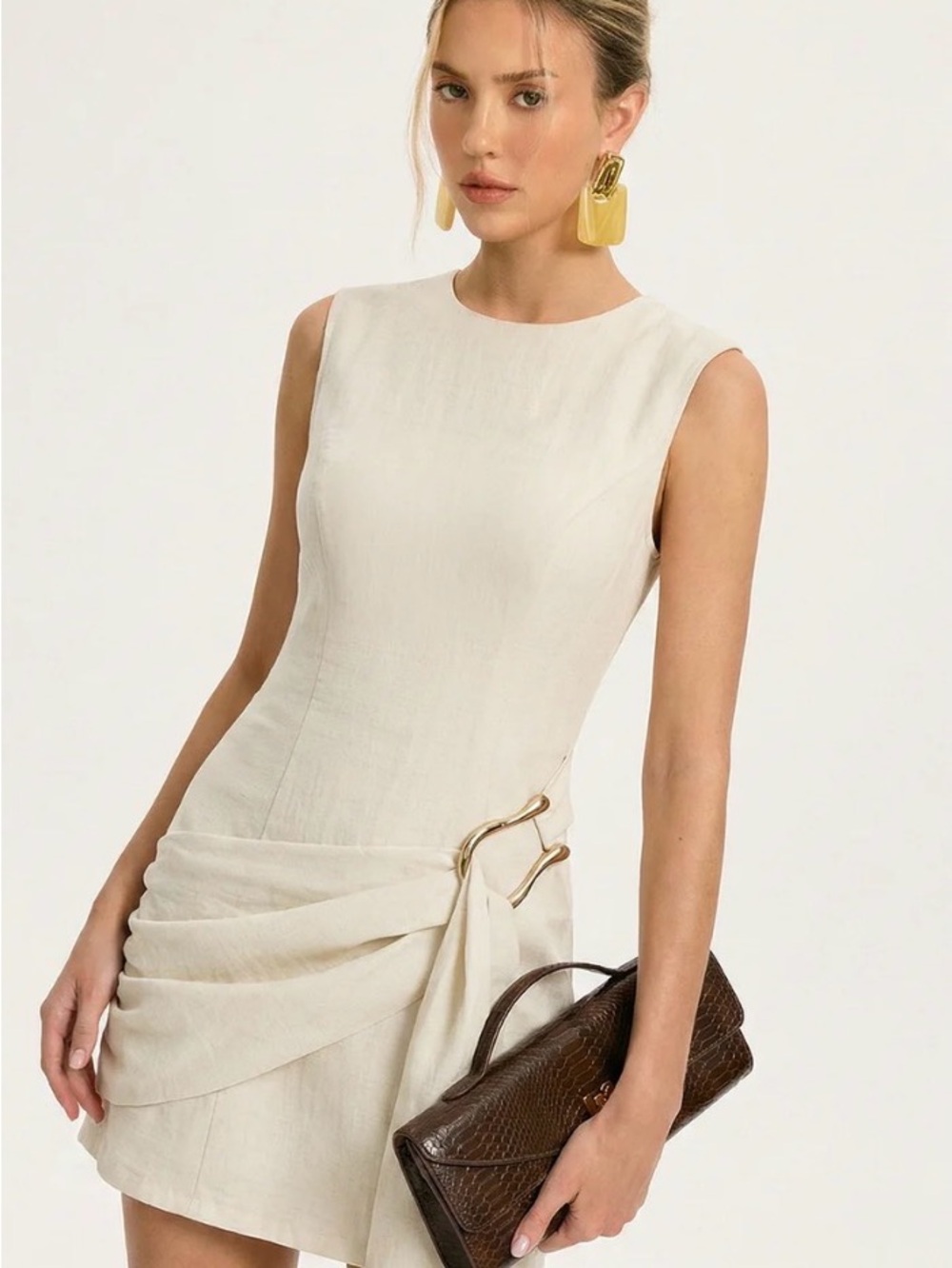 Commense Cream Sleeveless Draped Mini Dress with Gold Ring Detail